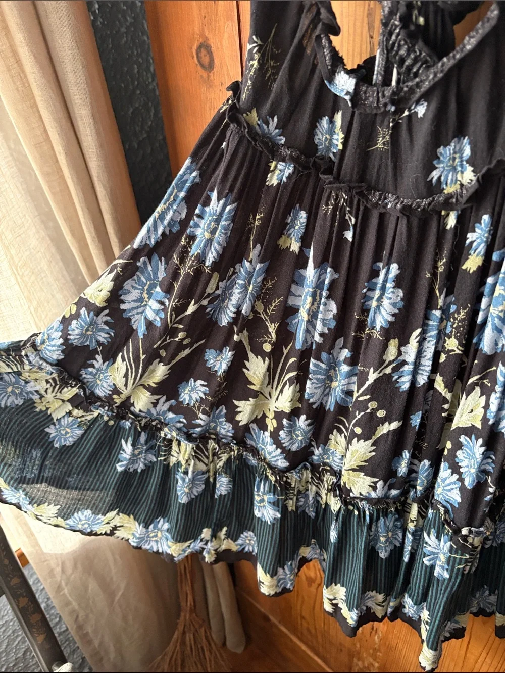 Free People Black Floral Backless Ruffle Dress with Blue and Cream Flowers - Picture 2 of 4